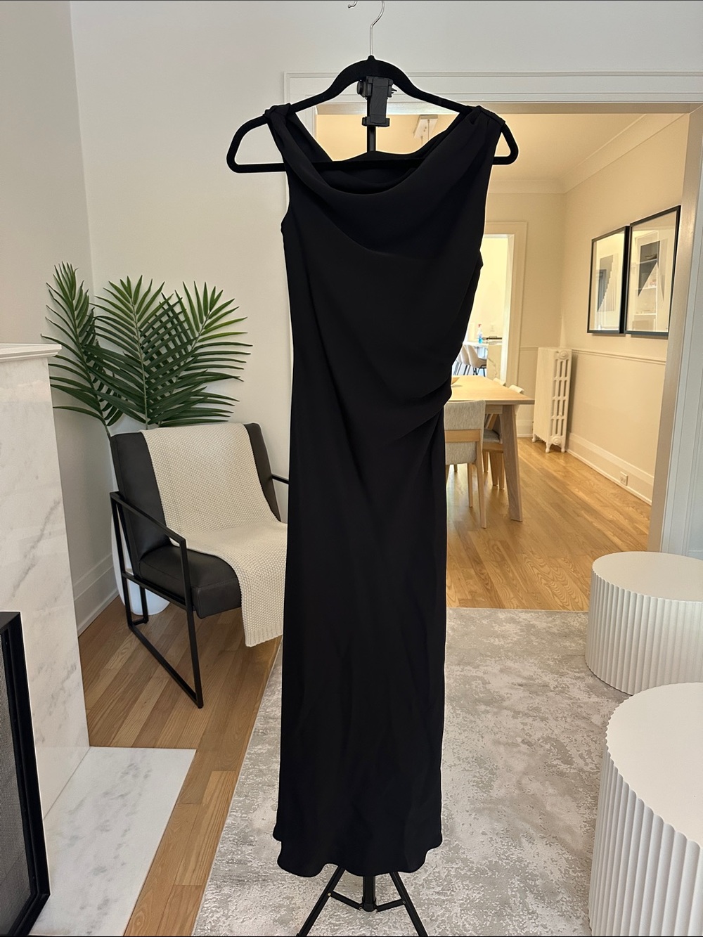 Aritzia Formal Matte Satin Black Ankle Length Dress Asymmetrical Shoulder and Ne